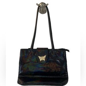 Elegant Black Shoulder Bag with Gold Butterfly Clasp